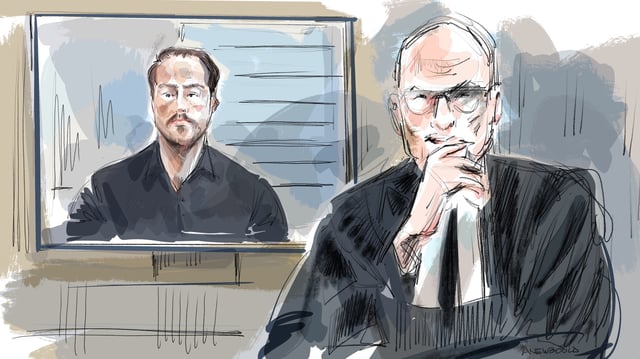 Boris Katchouk, left, is cross examined by Michael McLeod's Lawyer David Humphrey as part of the sexual assault case of five former members of the 2018 Team Canada junior hockey team.