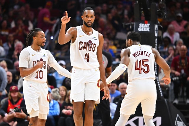 Evan Mobley #4 of the Cleveland Cavaliers celebrates during the third quarter against the LA Clippers during the third quarter at Rocket Arena on March 30, 2025 in Cleveland, Ohio. The Cavaliers defeated the Clippers 127-122.