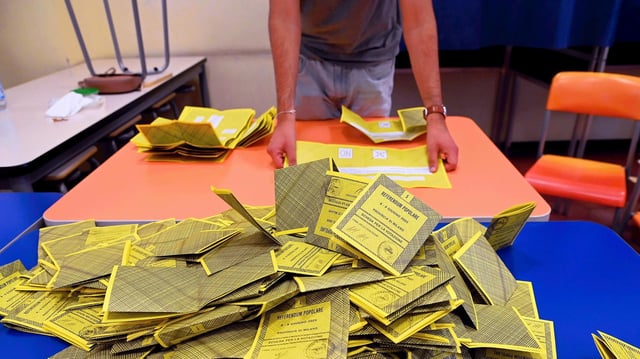  Eine Person zählt nach einem Referendum in einem Mailänder Wahllokal die Stimmzettel.