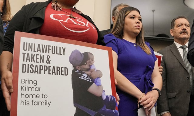 Jennifer Vasquez Sura, wife of Kilmar Abrego Garcia, a Salvadoran migrant who lived in the U.S. legally with a work permit and was erroneously deported to El Salvador, looks on during a press conference with other family members, supporters and members of the Congressional Hispanic Caucus, in Washington, D.C., on April 9, 2025.
