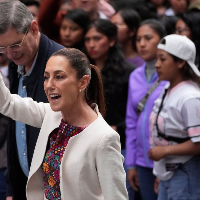 Mexican President Claudia Sheinbaum arrives at a polling station to vote in the country's first judicial elections in Mexico City on June 1, 2025. (AP Photo/Marco Ugarte)