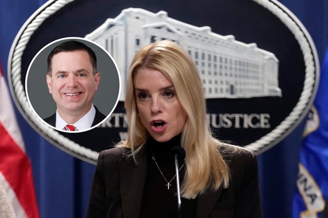 Attorney General Pam Bondi speaks at a news conference at the Justice Department, Feb. 12, 2025, in Washington. Inset: Brad Bondi is shown.