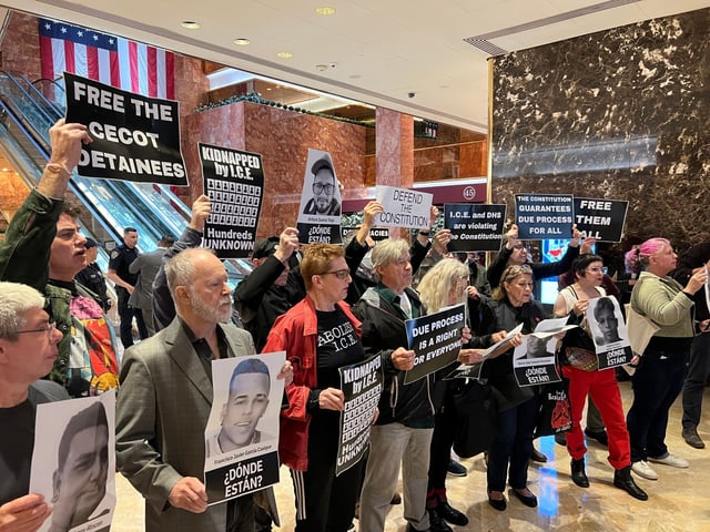 Protesters gather inside Trump Tower on Monday, June 9, 2025. (Barry Williams / New York Daily News)