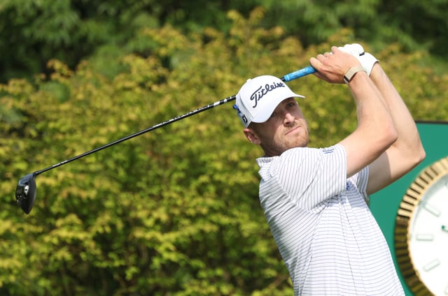 Jun 9, 2025; Oakmont, Pennsylvania, USA; Matt Vogt tees off on the first tee during a practice round for the U.S. Open golf tournament at Oakmont Country Club. Mandatory Credit: Charles LeClaire-Imagn Images