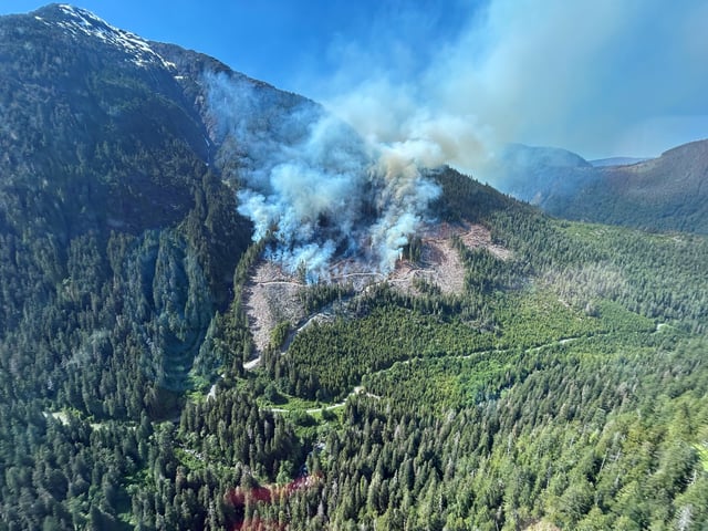 An aerial view of a wildfire burning near Sproat Lake on Vancouver Island on June 9, 2025.