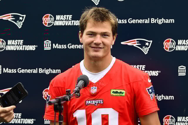 Jun 9, 2025; Foxborough, MA, USA; New England Patriots quarterback Drake Maye (10) holds a press conference after minicamp at Gillette Stadium. Mandatory Credit: Eric Canha-Imagn Images