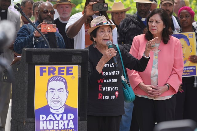 Civil Rights legend Dolores Huerta, 95, speaks in favor of labor union David Huerta speaks at a protest, Monday, June 9, 2025, in Los Angeles. (AP Photo Damian Dovarganes)