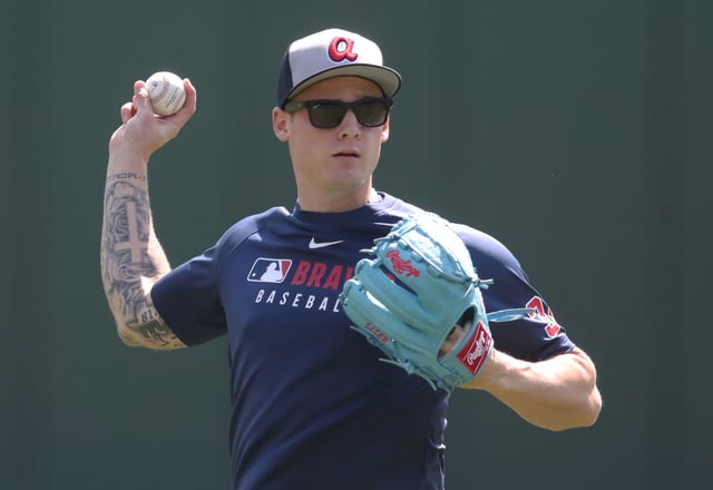 May 11, 2025; Pittsburgh, Pennsylvania, USA;  Atlanta Braves pitcher AJ Smith-Shawver (32) throws in the outfield before the game against the Pittsburgh Pirates at PNC Park. Mandatory Credit: Charles LeClaire-Imagn Images
