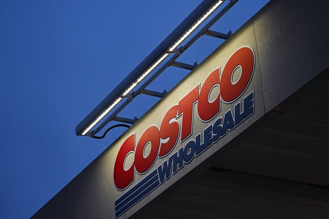 The Costco Wholesale logo is displayed above a gas station in Hawthorne, Calif., on June 12, 2024.