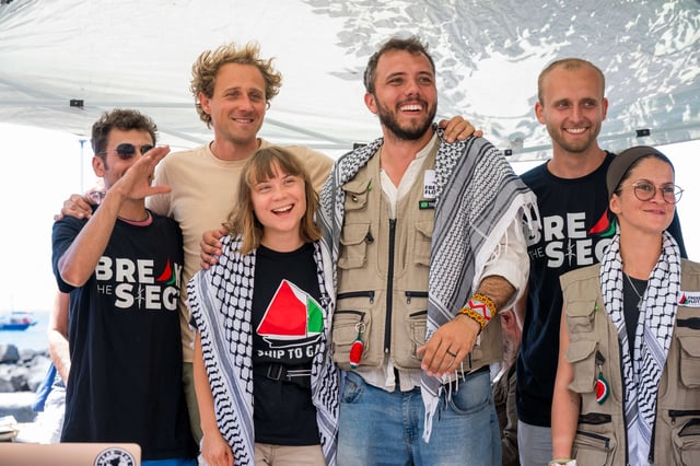 Greta Thunberg with part of the crew of the ship Madleen, shortly before departure for Gaza, during the press conference on June 01, 2025 in Catania, Italy.