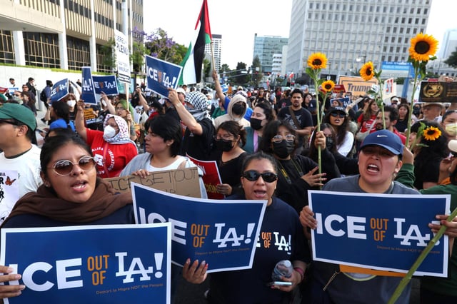 Over 300 immigrant rights activists protest multiple immigration sweeps across Los Angeles by U.S. Immigration and Customs Enforcement agents in front of the Federal Building in downtown Los Angeles on June 5, 2025.