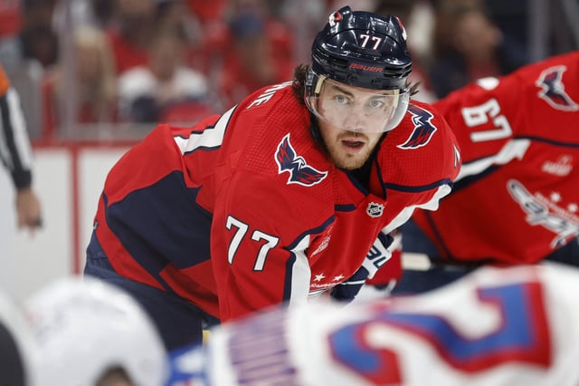 Apr 28, 2024; Washington, District of Columbia, USA; Washington Capitals right wing T.J. Oshie (77) lines up for a face-off against the New York Rangers in the second period in game four of the first round of the 2024 Stanley Cup Playoffs at Capital One Arena. Mandatory Credit: Geoff Burke-USA TODAY Sports/File Photo