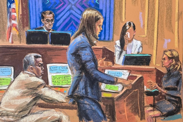 Sean "Diddy" Combs listens as Maurene Comey questions "Jane" during Combs' sex trafficking trial in New York City on June 9, 2025.