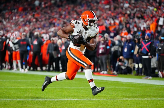 Dec 2, 2024; Denver, Colorado, USA; Cleveland Browns running back Nick Chubb (24) scores a touchdown in the fourth quarter against the Denver Broncos at Empower Field at Mile High. Mandatory Credit: Ron Chenoy-Imagn Images/File Photo