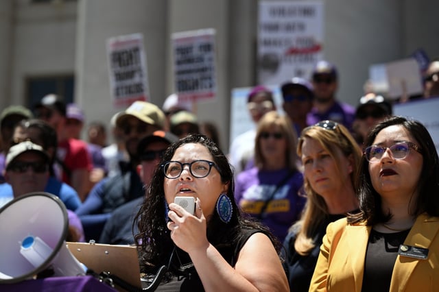 Colorado state Sen. Julie Gonzales speaks during a rally and news conference on the steps of the City and County Building in Denver on June  9, 2025. Labor and civil rights leaders spoke out against the arrest of a California union president during demonstrations there against immigration enforcement authorities as well as the Colorado governor&#39;s intention of cooperating with an ICE subpoena for information, the subject of a recent whistleblower lawsuit. (Photo by Helen H. Richardson/The Denver Post)