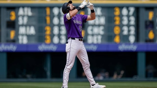Jun 8, 2025; Denver, Colorado, USA; Colorado Rockies center fielder Sam Hilliard (16) reacts from second on a double in the fifth inning against the New York Mets at Coors Field. Mandatory Credit: Isaiah J. Downing-Imagn Images