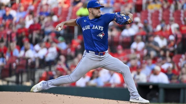 Jun 9, 2025; St. Louis, Missouri, USA;  Toronto Blue Jays starting pitcher Jose Berrios (17) pitches against the St. Louis Cardinals during the first inning at Busch Stadium. Mandatory Credit: Jeff Curry-Imagn Images