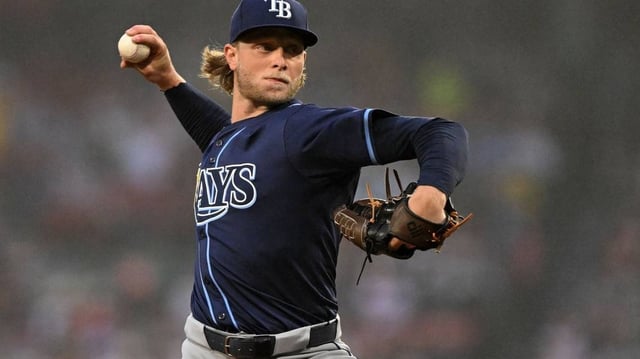 Jun 9, 2025; Boston, Massachusetts, USA; Tampa Bay Rays starting pitcher Shane Baz (11) pitches against the Boston Red Sox during the first inning at Fenway Park. Mandatory Credit: Brian Fluharty-Imagn Images