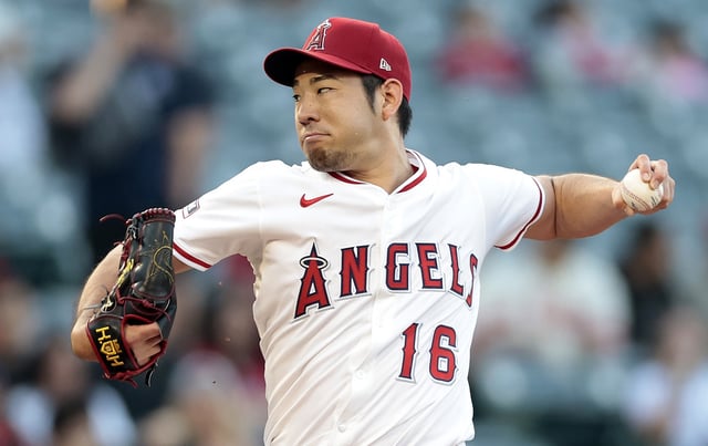Angels starting pitcher Yusei Kikuchi throws to the plate during the second inning of their game against the A’s on Monday night at Angel Stadium. Kikuchi allowed just one hit over 7⅓ scoreless innings as the Angels won for the fifth time in seven games, 7-4. (Photo by Ronald Martinez/Getty Images)