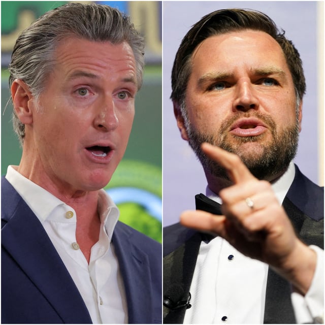 California Gov. Gavin Newsom gestures while speaking at the Clinton Elementary School in Compton, California on June 5, 2025. / Vice President JD Vance speaks at the National Building Museum in Washington, D.C. on June 3, 2025.