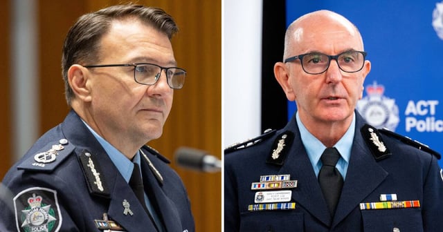 Australian Federal Police Commissioner Reece Kershaw, left, and ACT Chief Police Officer Scott Lee. Pictures by Sitthixay Ditthavong, Gary Ramage