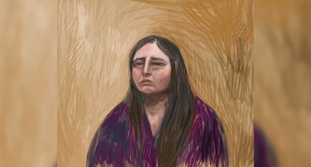A court sketch drawn from a video link shows Erin Patterson, an Australian woman accused of murdering three of her estranged husband's elderly relatives with a meal laced with poisonous mushrooms, appearing as a witness for her own defense, at the Latrobe Valley Magistrates' Court in Morwell, Australia, June 2, 2025.  AAP/via REUTERS/File Photo