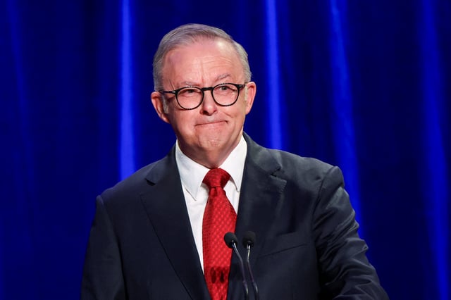 Australia's Prime Minister Anthony Albanese reacts as he speaks at a Labor party election night event, after local media projected the Labor Party's victory, on the day of the Australian federal election, in Sydney, Australia, May 3, 2025. REUTERS/Hollie Adams/File Photo