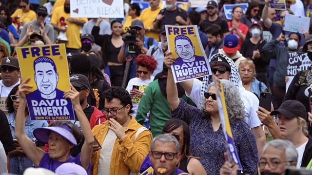 Protesters held signs supporting SEIU California president David Huerta at Grand Park in  Los Angeles. Photo: courtesy of SEIU