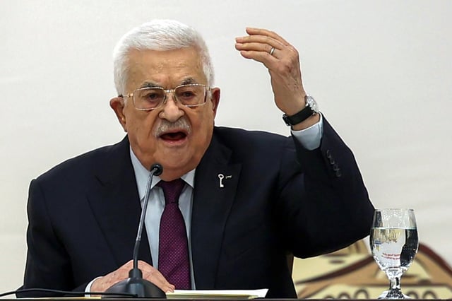 Le président de l'Autorité palestinienne Mahmoud Abbas s'exprime lors de la 32ème session du Conseil central de l'Organisation de Libération de la Palestine (OLP) à Ramallah le 23 avril 2025