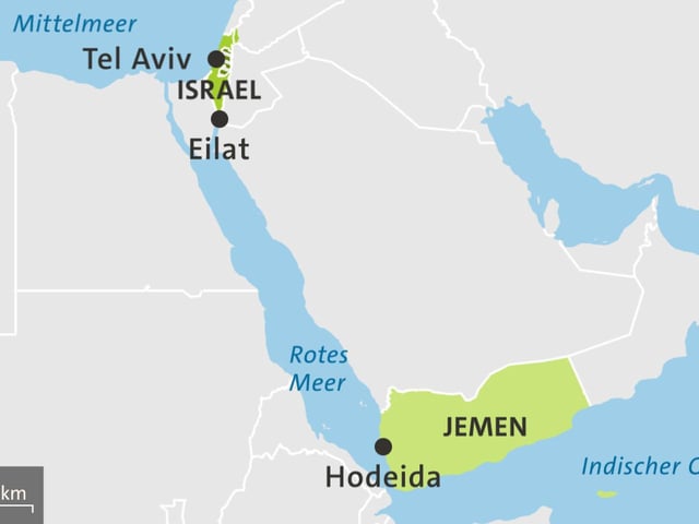 Karte Jemen mit der Hafenstadt Hodeida, Rotes Meer, Israel mit den Städten Tel Aviv, Eilat und dem Mittelmeer