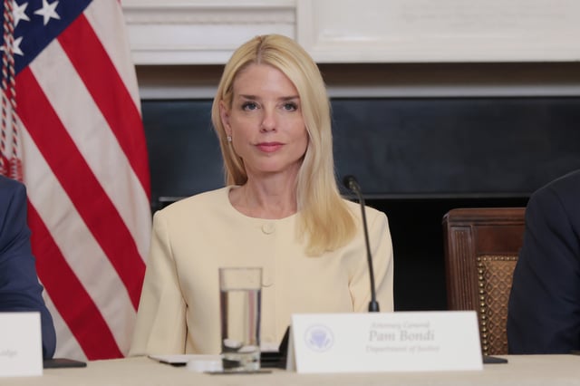 Attorney General Pam Bondi speaks at a roundtable in the State Dining Room at the White House on June 5, 2025 in Washington, DC.