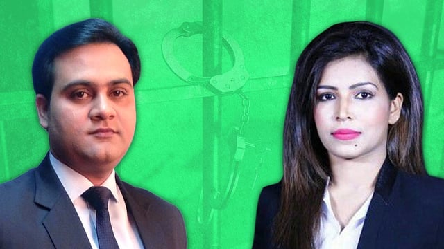 Cutouts of Shazia and Adarsh with prison bars in the background.