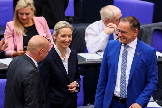 Alice Weidel and Tino Chrupalla, co-leaders of the far-right party Alternative for Germany (AfD), attend a plenum session of the lower house of parliament, the Bundestag, in Berlin, Germany June 5, 2025. REUTERS/Christian Mang/File Photo