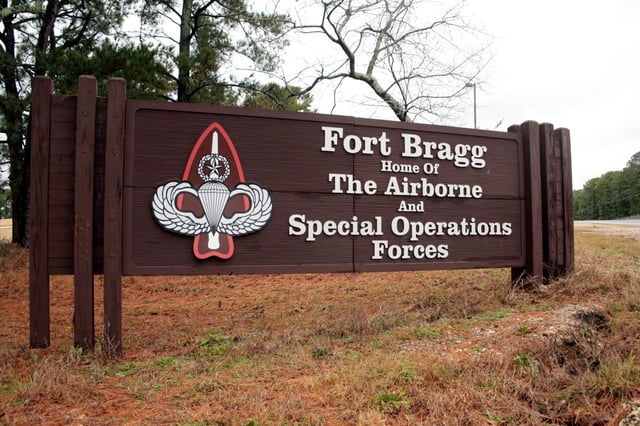 This Jan. 4, 2020 file photo shows a sign for at Fort Bragg, N.C.
