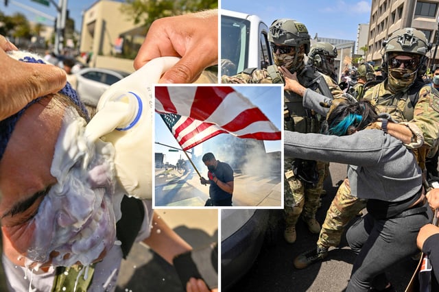 Milk is poured on a peron&#39;s face (L) after police used tear gas and flash-bangs at the Federal Building in Santa Ana, California, on Monday, June 9. Police move people away (right) from a van leaving the building. A protester (inset) raises the U.S. flag at the scene.