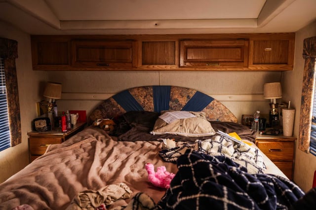 Marvin Velasquez and Ingrid Lopez’s bedroom in their RV in the Bayview neighborhood in San Francisco.