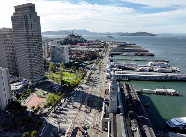 FILE: An aerial view of Embarcadero Plaza in San Francisco on April 10, 2025.