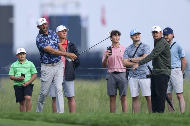 OAKMONT, PENNSYLVANIA - JUNE 09: Dustin Johnson of the United States plays a shot on the first hole during a practice round prior to the 125th U.S. OPEN at Oakmont Country Club on June 09, 2025 in Oakmont, Pennsylvania.