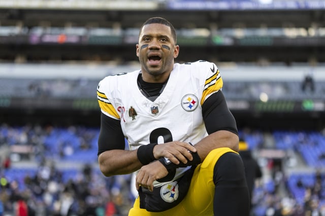Russell Wilson #3 of the Pittsburgh Steelers reacts as he stretches prior to an NFL Football game against the Baltimore Ravens at M&amp;T Bank Stadium on December 21, 2024 in Baltimore, Maryland.