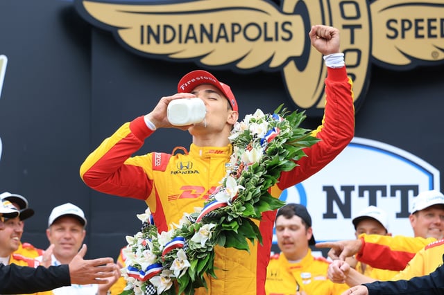 Alex Palou, driver of the #10 DHL Chip Ganassi Racing Honda, celebrates in Victory Circle after winning the NTT IndyCar Series109th Running Of The Indianapolis 500 at Indianapolis Motor Speedway on May 25, 2025 in Indianapolis, Indiana.