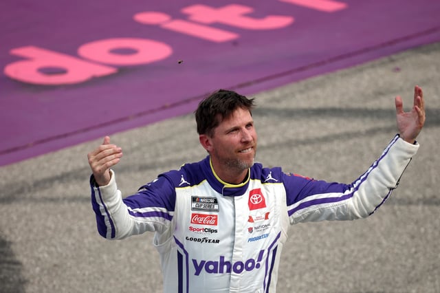 Denny Hamlin, driver of the #11 Yahoo! Toyota, celebrates after winning the NASCAR Cup Series FireKeepers Casino 400 at Michigan International Speedway on June 08, 2025 in Brooklyn, Michigan