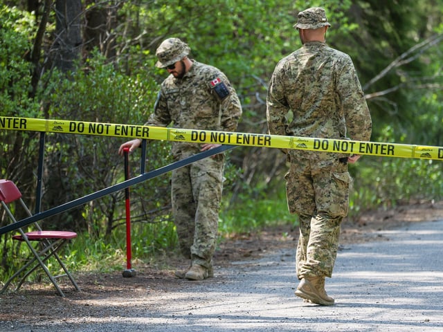  Canadian soldiers guard a closed area ahead of the G7 summit in Kananaskis Country on Thursday June 5, 2025.Gavin Young/Postmedia