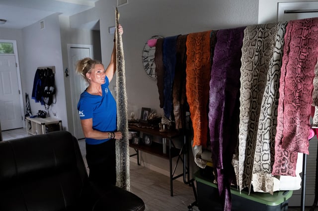 Amy Siewe, a professional python hunter, inspects dyed skins of Florida's invasive Burmese python species at her home in Naples, Florida, U.S. June 6, 2025. REUTERS/Marco Bello