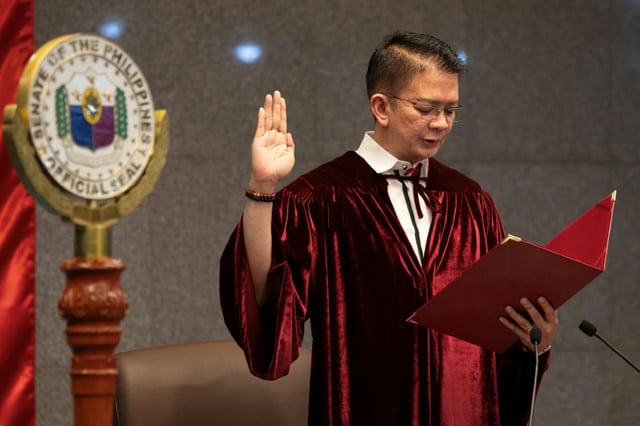 Philippine Senate President Francis Escudero leads Philippine senators in taking their oath as jurors in the impeachment trial of Vice President Sara Duterte