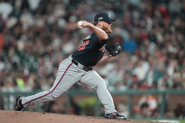 SAN FRANCISCO, CALIFORNIA - JUNE 06: Craig Kimbrel #46 of the Atlanta Braves pitches against the San Francisco Giants in the bottom of the seventh inning at Oracle Park on June 06, 2025 in San Francisco, California.