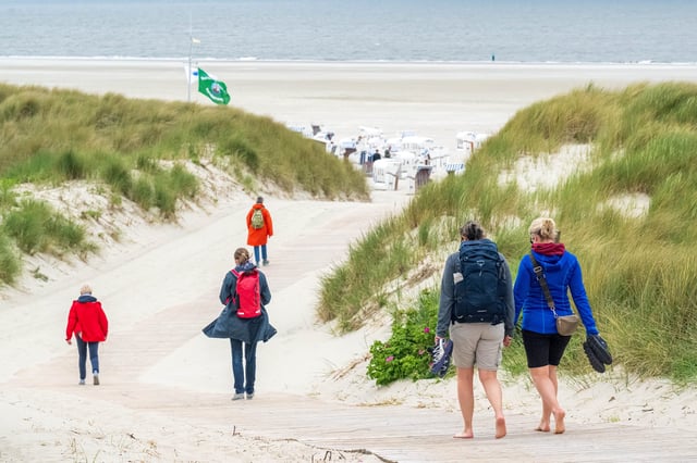 Das Meer im Blick: Urlauber laufen zum Strand der ostfriesischen Insel Spiekeroog
