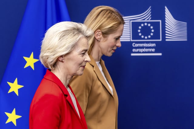European Commission President Ursula von der Leyen, left, and European Union foreign policy chief Kaja Kallas leave after a media briefing at EU headquarters in Brussels, Tuesday, June 10, 2025. (AP Photo/Geert Vanden Wijngaert)