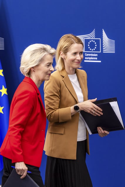 European Commission President Ursula von der Leyen, left, and European Union foreign policy chief Kaja Kallas leave after a media briefing at EU headquarters in Brussels, Tuesday, June 10, 2025. (AP Photo/Geert Vanden Wijngaert)