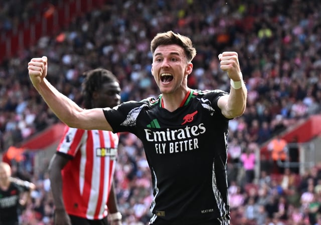 Soccer Football - Premier League - Southampton v Arsenal - St Mary's Stadium, Southampton, Britain - May 25, 2025 Arsenal's Kieran Tierney celebrates scoring their first goal REUTERS/Dylan Martinez/File Photo