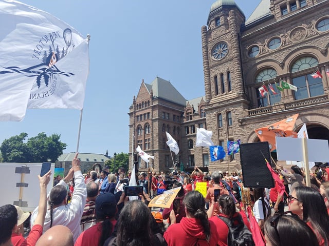 Bill 5 protesters outside the Legislative Assembly of Ontario building on Monday, June 2, shortly after Kiiwetinoong MPP Sol Mamakwa was kicked out of the legislature for accusing Premier Doug Ford of telling "untruths" about the controversial legislation.